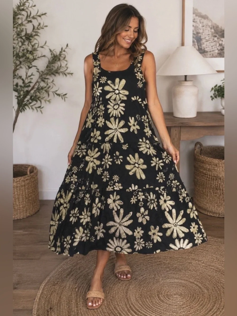 Natural life Adele Cotton black cream boho floral Maxi Dress M